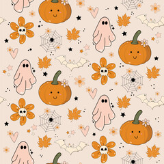 Bright seamless Happy Halloween pattern with text, pumpkins, ghosts, and bats, perfect for backgrounds, wrapping paper, and festive products.