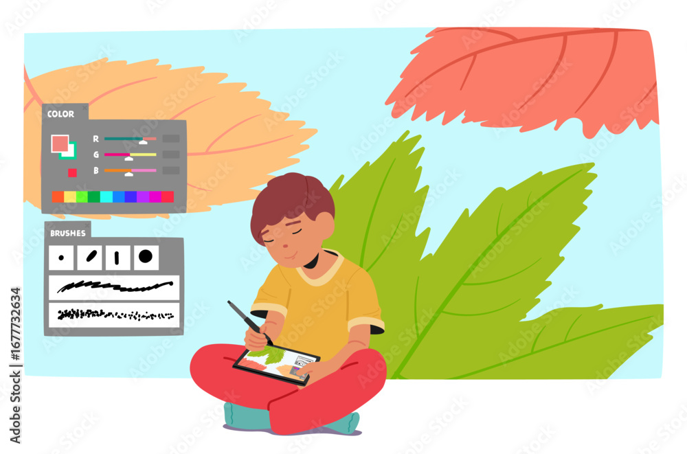 Poster excited boy child character drawing on touch screen using graphic editor software cartoon scene