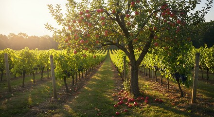 Fototapeta premium Golden hour bathes the vineyard rows and apple laden tree in pastoral glow landscape
