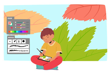 Excited boy child character drawing on touch screen using graphic editor software cartoon scene