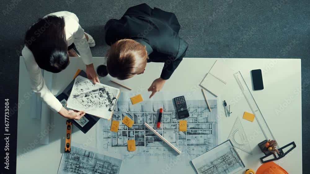 Poster time lapse of skilled project manager holding project plan and explain house design to architect eng