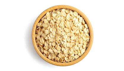 A wooden bowl brimming with wholesome, light-tan oat flakes sits against a plain white background.