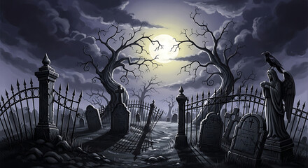 A spooky graveyard scene with tombstones, an angel statue, and a full moon in the dark night sky