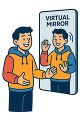 A cheerful young man wearing a colorful hoodie uses virtual mirror technology