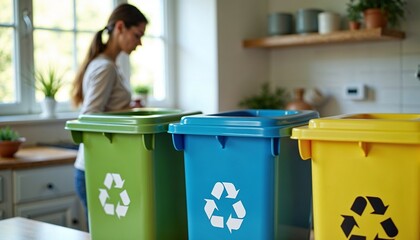 Colorful recycling bins in realistic photo style, green blue and yellow containers for waste separation in modern kitchen background