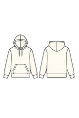 Front and back outline vector drawing of a hoodie, a casual sweatshirt template for fashion design, set against a white background