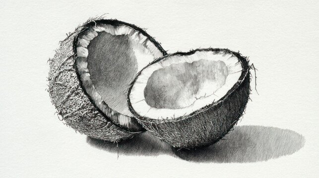 A detailed pencil sketch of a coconut split in half, casting a soft shadow