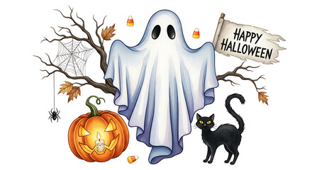 A halloween scene with a ghost, pumpkin, black cat, and a happy halloween banner on a white background
