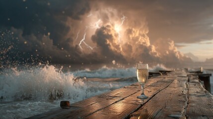   A wine glass atop a wood table beside water, under cloudy sky