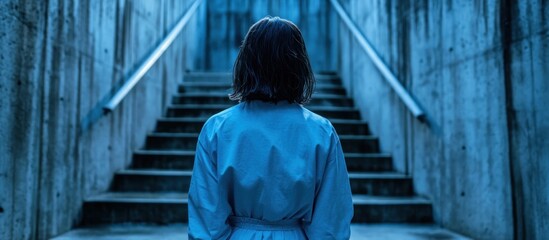 Woman facing stairs in concrete passage with railings, lit in blue hues