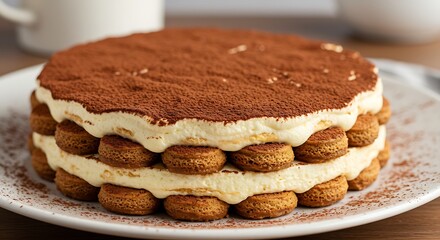 Indulgent Tiramisu Cake with Cocoa Dusting and Coffee-soaked Ladyfingers Layers displayed elegantly