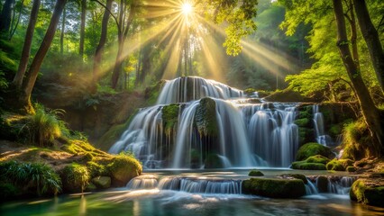 Waterfall in lush green forest with sunbeams