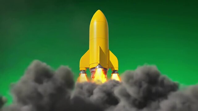Yellow rocket launches against vibrant green background with smoke and flames ascending