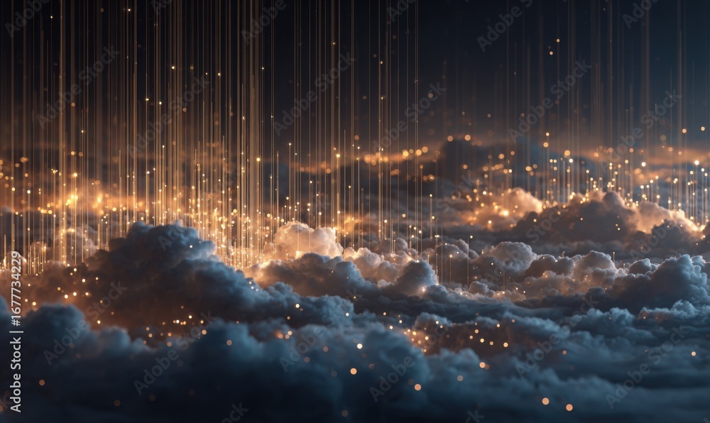 Poster abstract digital cloudscape with glowing threads