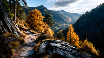 Autumn landscape with vibrant golden trees and soft arm sunlight casting shados on the mountain trail.