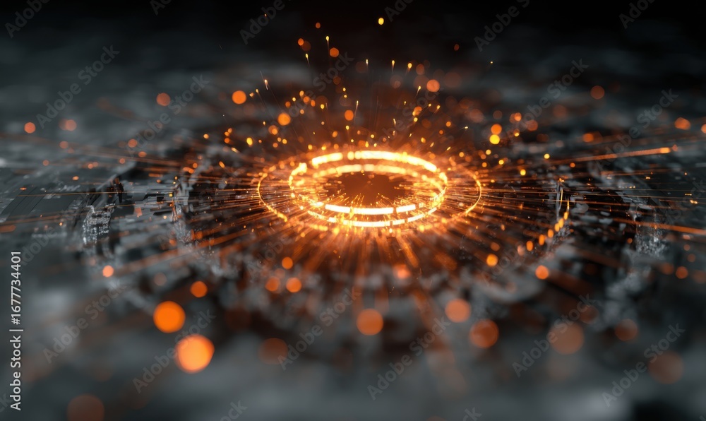 Poster abstract glowing circular pattern on a dark textured surface