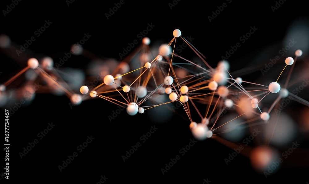 Poster abstract network of interconnected spheres. dynamic, flowing design