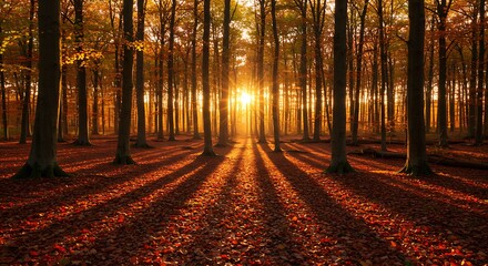 Golden hour illuminates a dense forest casting elongated shadows across the leaf-strewn ground