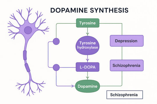 Dopamine Synthesis Diagram: Neuron, Neurotransmitters, and Mental Health - Illustration