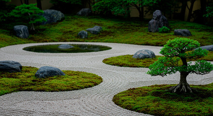 Zen stone garden with pebbles, moss, a pond, and bonsai trees