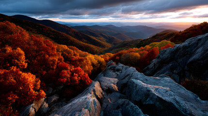 Naklejka premium Autumn mountain ridges glowing with layers of goldenand crimson foliage.