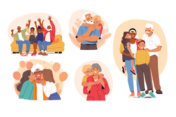 Happy grandparents day cartoon scenes set design with retired adults and children together