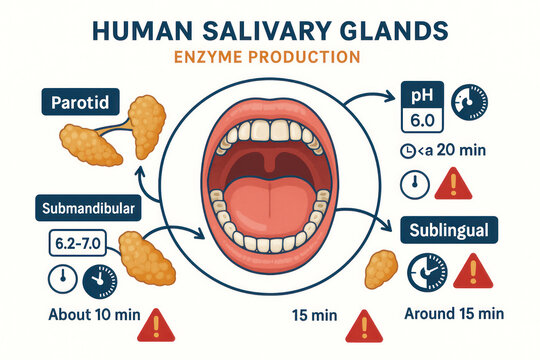 Human Salivary Glands Illustration: Parotid, Submandibular, Sublingual, Enzyme Production, pH Levels and Time, Illustration