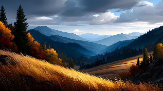 Autumn mountain scene with golden fields and vibrantforests stretching to the orizon.