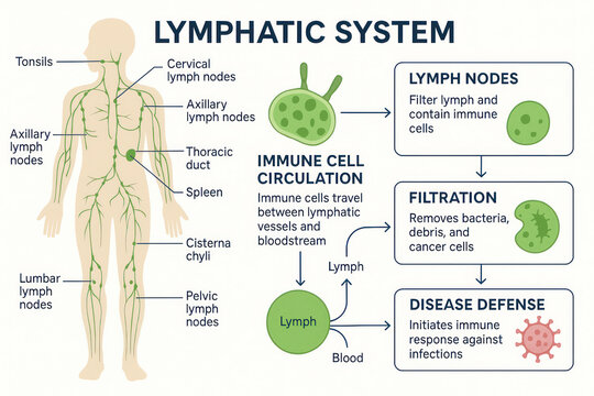 Lymphatic System Diagram: Anatomy, Immune Response, and Filtration Illustration