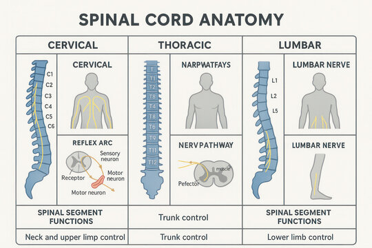 Spinal Cord Anatomy Illustration: Cervical, Thoracic, Lumbar Segments Illustration