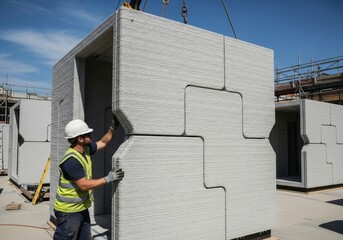 Construction worker installing a house 3D printing module on a building site. Modern technology in housing development.