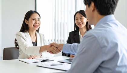 笑顔で握手する若いビジネス女性