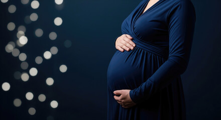 Pregnant person in dark blue dress cradling belly. soft lights and serene background evoke intimacy, anticipation, and maternal grace.