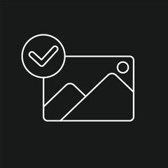 Verified Image Icon with Mountain Scene and Checkmark Overlay on Black Background Representing Photo Approval, Digital Media Validation, and Visual Content Authentication.