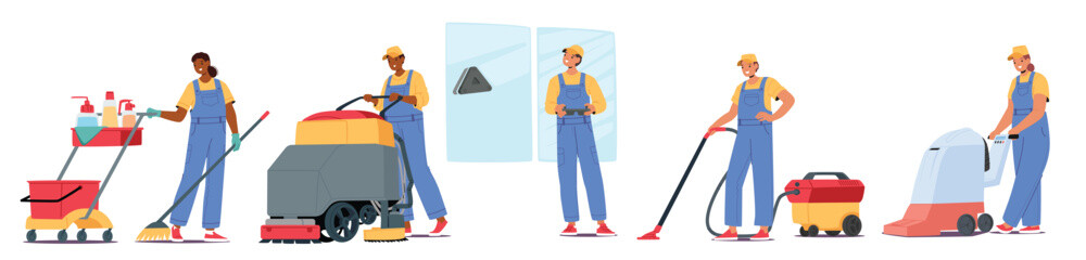 Man and woman cleaning service company workers cartoon characters isolated set on white background