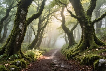 A peaceful and serene forest scene featuring mosscovered trees along a winding path illuminated by soft morning light