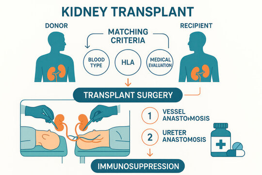 Kidney Transplant Process Illustration: From Donor to Immunosuppression