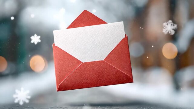 Floating red envelope with falling snowflakes in a winter wonderland scene