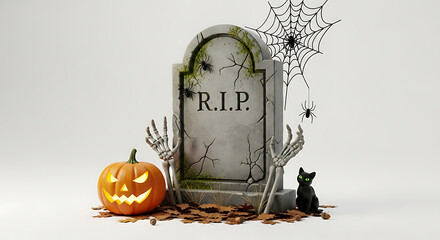 A halloween scene featuring a tombstone, pumpkin, skeleton hands, spider web and a black cat