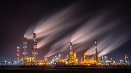 Fototapeta premium Night View of Industrial Plant: Illuminated structure emits steam trails into the night sky. Modern energy or manufacturing landscape.