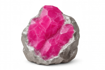 Raw pink crystal mineral specimen embedded in a grey rock, isolated on transparent background, perfect for geology or mineral collecting projects