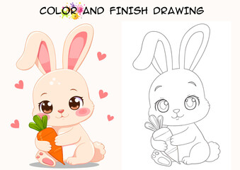 Fototapeta premium Cute cartoon bunny holding a carrot with hearts around it 