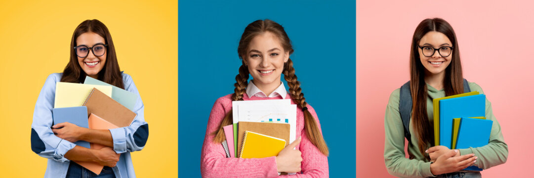 Three diverse students stand confidently with their arms full of notebooks and folders. Each displays a joyful expression against bright, colorful backgrounds.