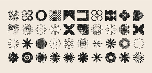 Brutalist geometric shapes, modern grunge symbols. Simple primitive elements and forms, distressed details. Retro design, aged, vintage, trendy contemporary minimalist style, y2k. Vector illustration
