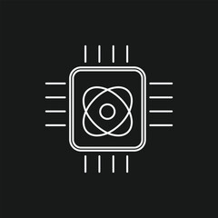 Stylized Quantum Microchip Icon with Atom Core and Circuit Lines on Black Background Representing Advanced Computing, AI Hardware, and Futuristic Technology.
