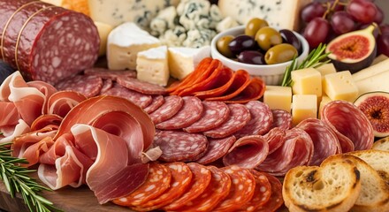 Gourmet Charcuterie Board with Assorted Meats Cheeses and Olives.