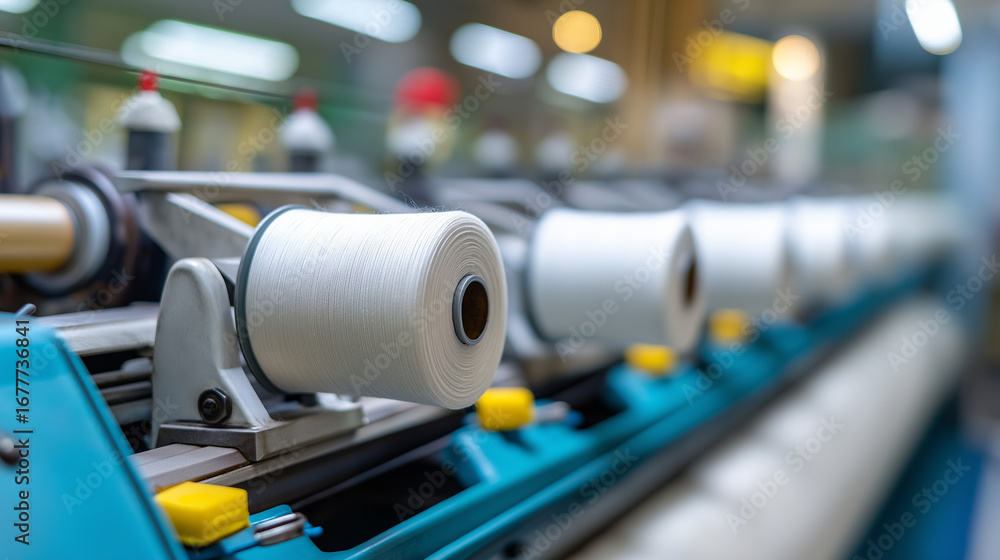 Poster textile manufacturing machinery with spinning equipment and automated thread handling systems fabric
