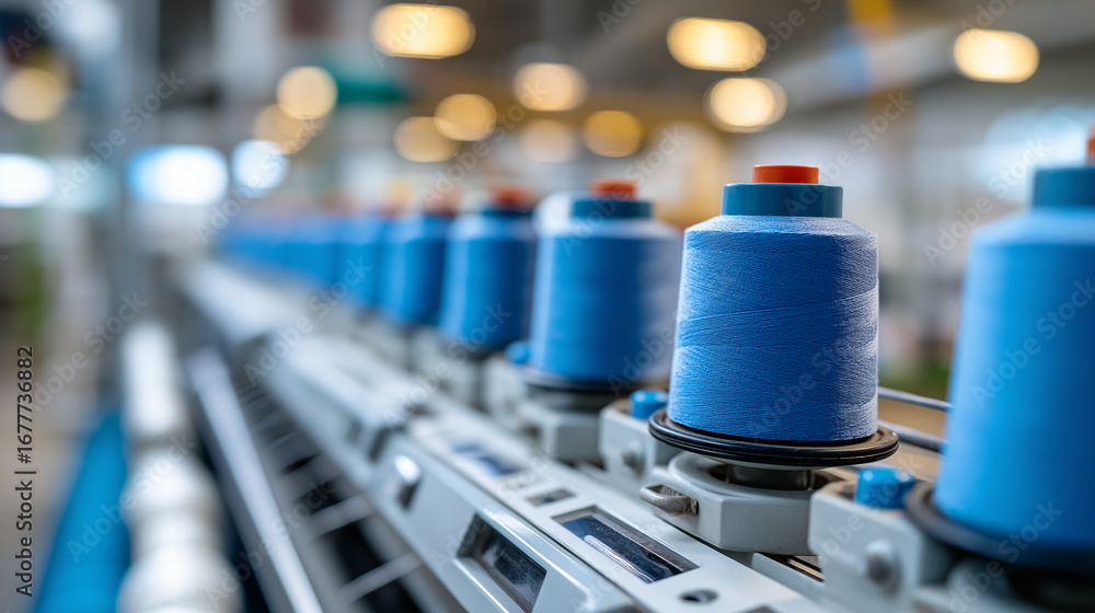 Poster textile manufacturing machinery with spinning equipment and automated thread handling systems fabric
