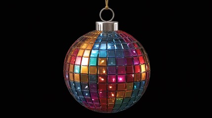 Fototapeta premium A multi-colored, mirrored ornament dangles against a dark background, reflecting light in a sparkling display. Festive holiday decoration.