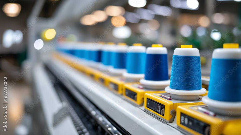 Poster textile manufacturing machinery with spinning equipment and automated thread handling systems fabric